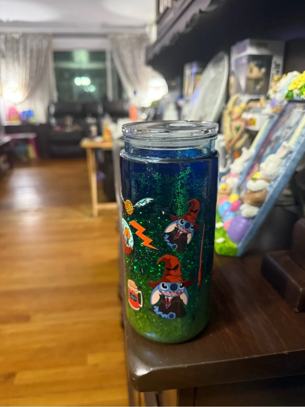 Stitch-themed Glitter Travel Tumbler in Green and Blue